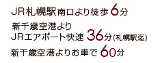 JR札幌駅南口より徒歩6分　新千歳空港よりお車で60分